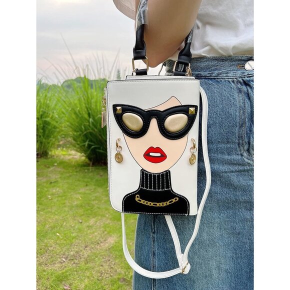 Unique 3D Lady Face PU Leather Satchel Funky Hobo & Crossbody Bags for Women's - Picture 8 of 9